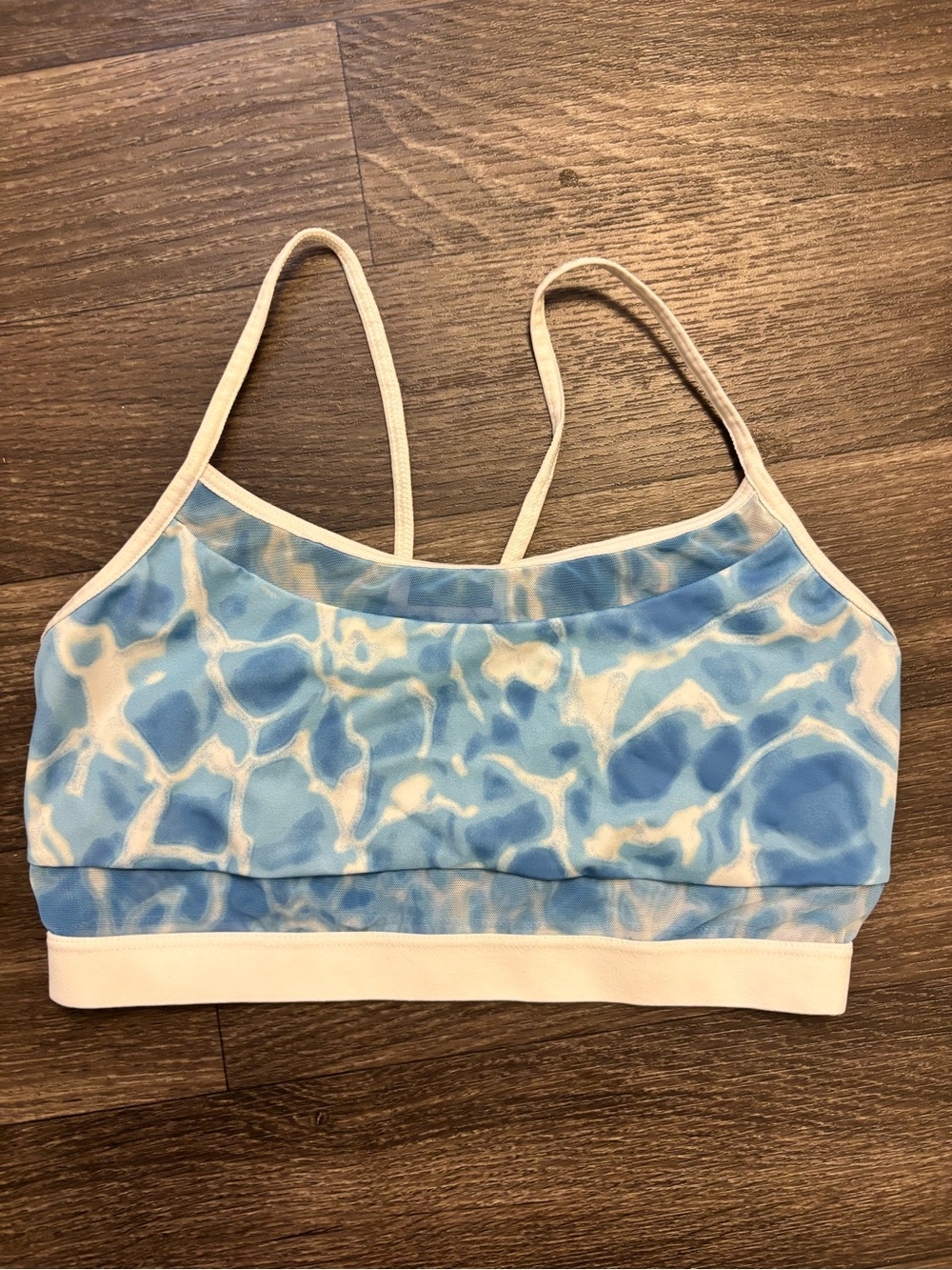 Blue Water Pattern Sports Bra with White Trim